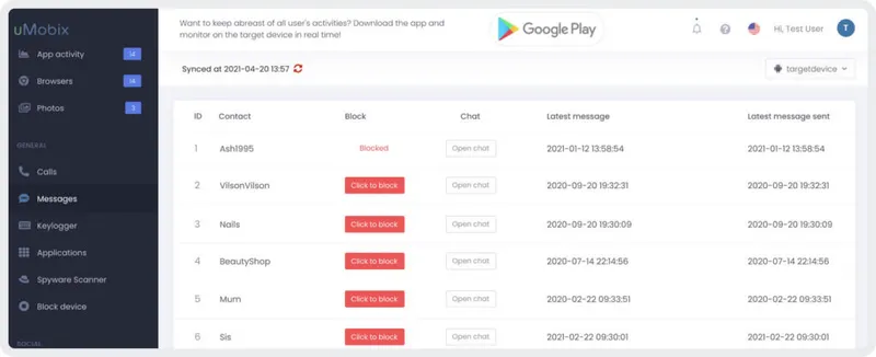 Desativar mensagens com o uMobix Desativar mensagens com o uMobix
