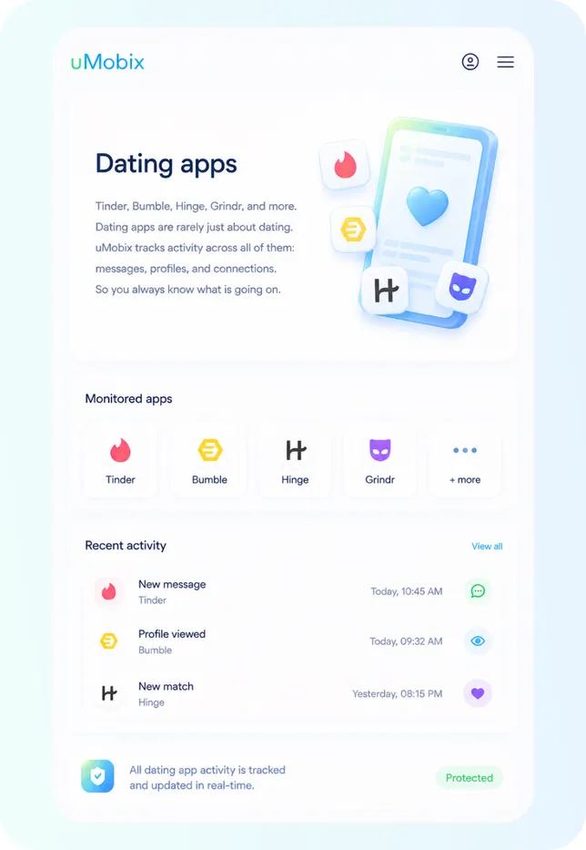 uMobix dashboard showing the dating apps used on a monitored phone