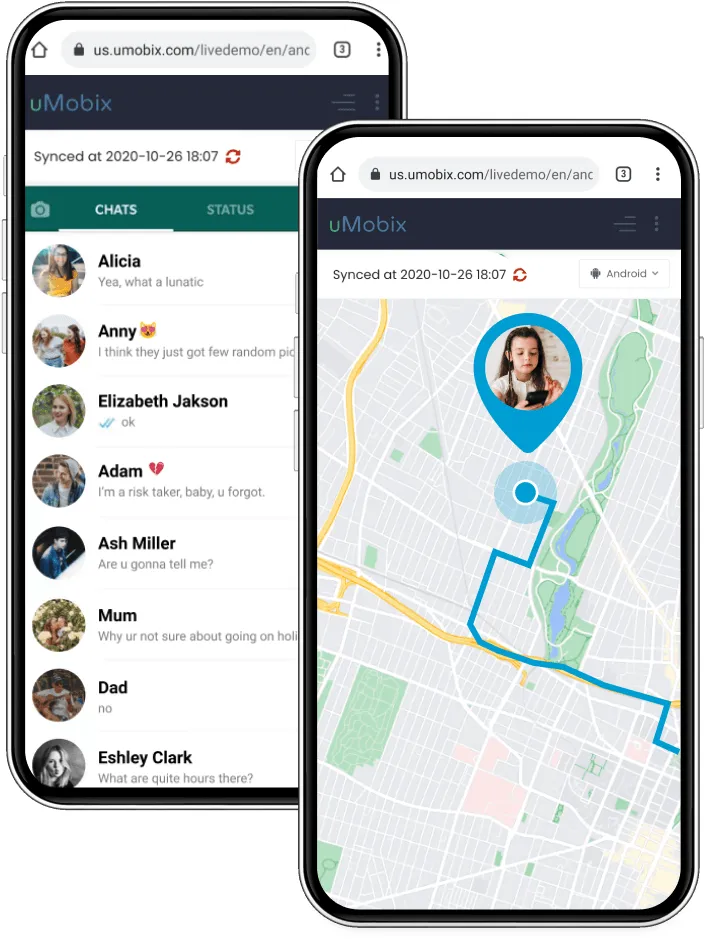uMobix dashboard showing chats and location history on two phones