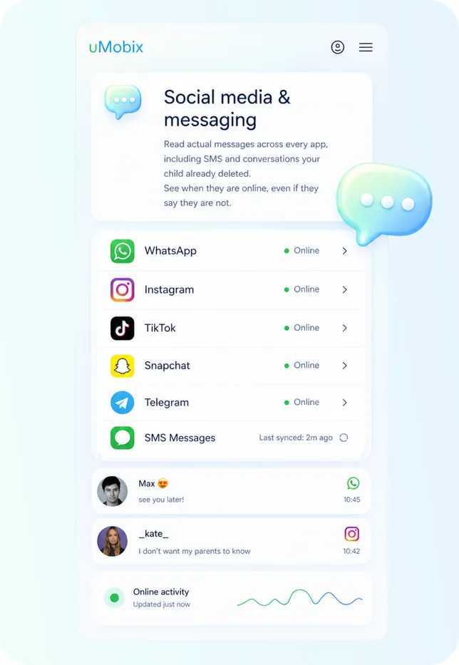 uMobix dashboard listing the child’s social media and messaging apps