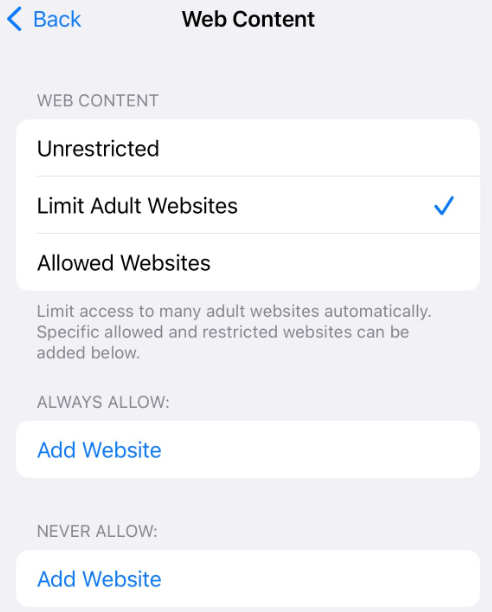Limitare i siti web per adulti