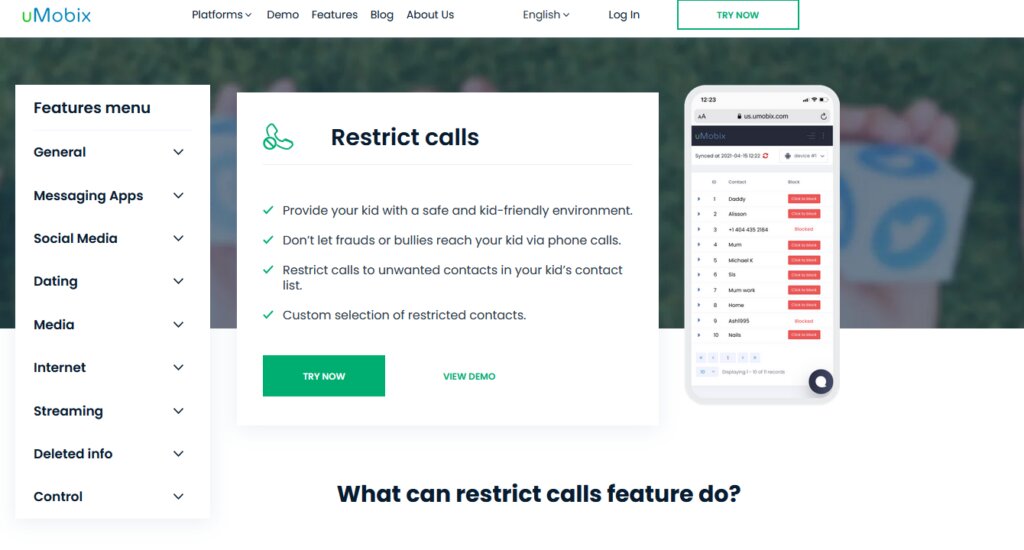 The Restrict Calls feature details from uMobix