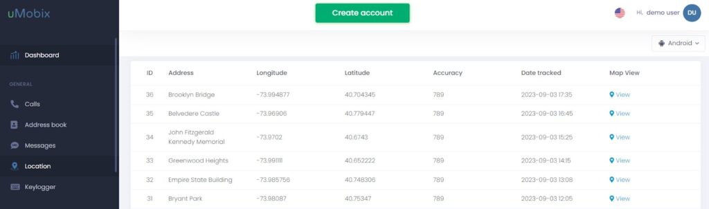 Interfaz del localizador GPS de móviles uMobix