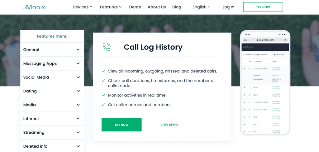 Call and text tracker – feature of the monitor for the iPhone by uMobix
