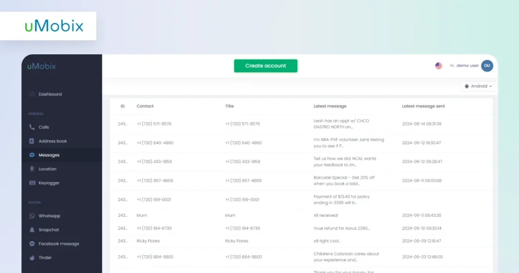 What Can You See With the uMobix SMS Tracker? dashboard